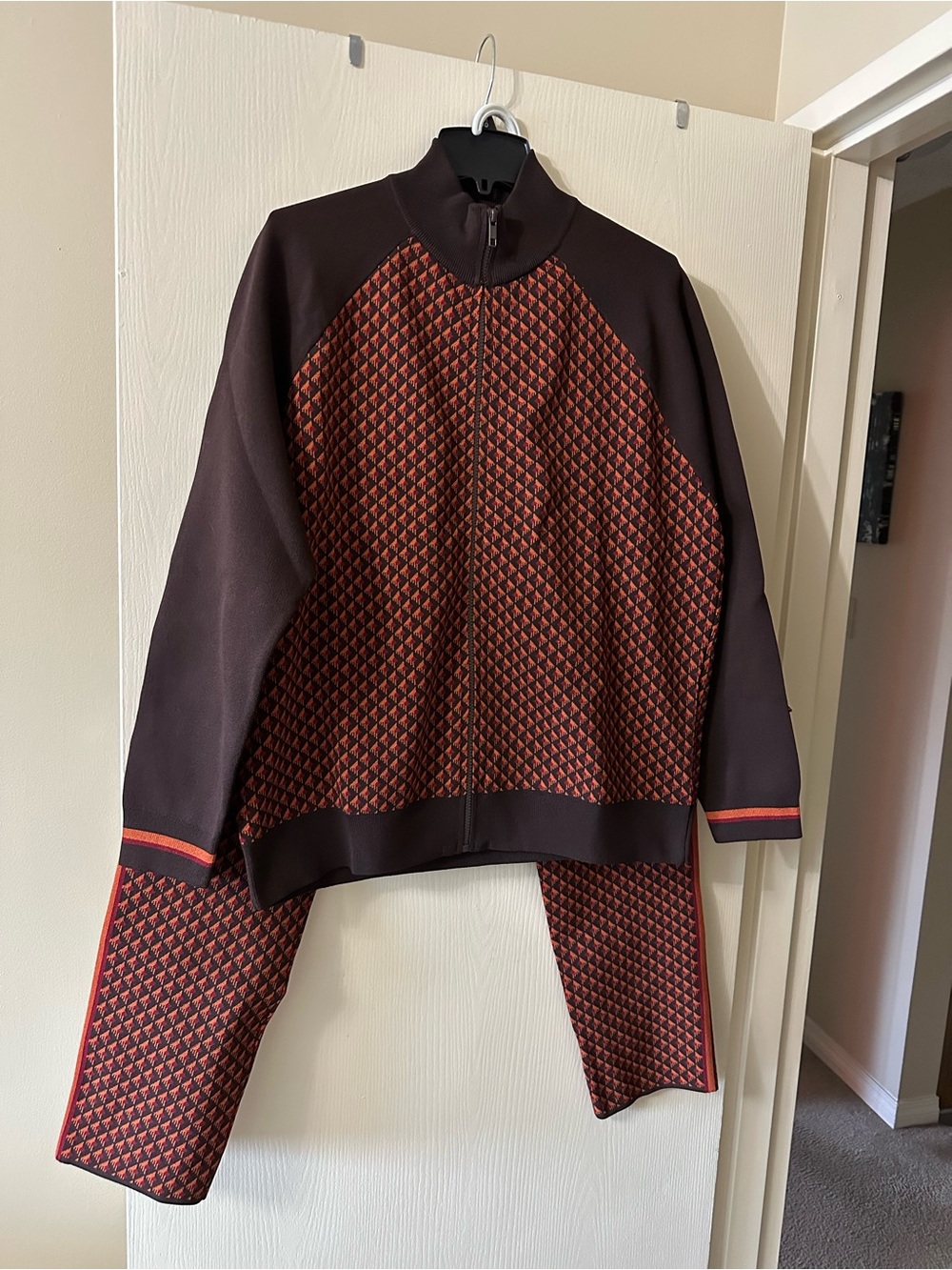 Zara Brown & Red Geometric Zip-Up Sweater Jacket